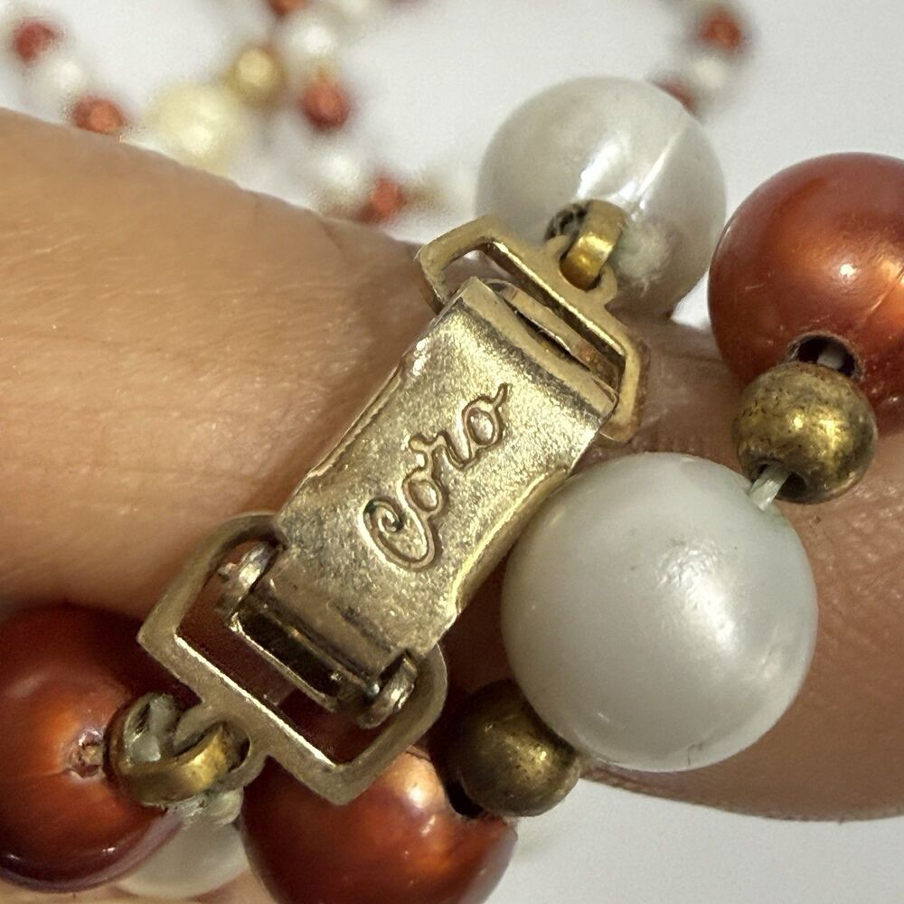 Vintage CORO Signed Faux Pearl Beaded Long Layering Necklace Cream Brown Gold - Picture 5 of 16